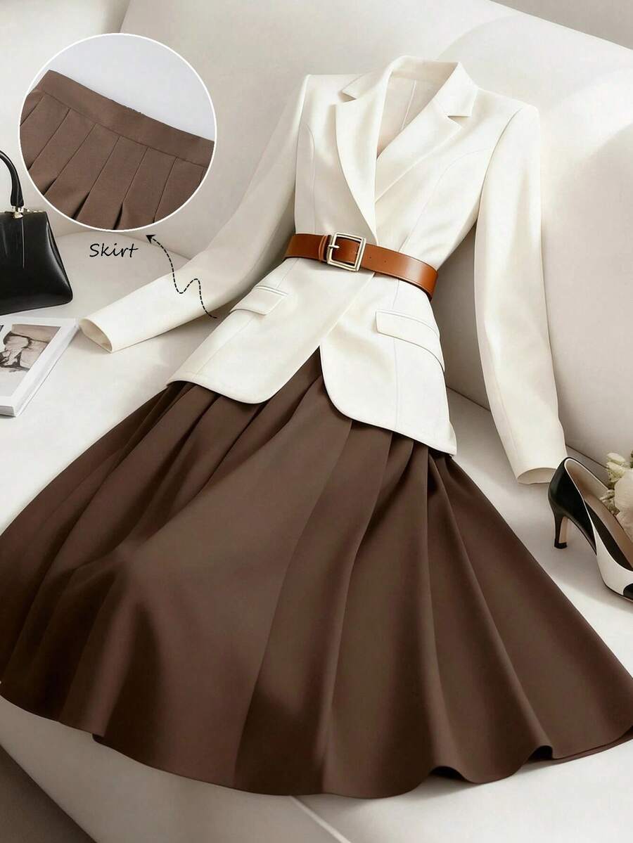 GlowEve 女士单扣西装外套套装，包含一件A字裙和一件单扣西装外套，优雅休闲通勤时尚法式街头复古商务度假套装，杏色西装外套搭配棕色半裙，秋冬季两件套西装。 - 彩色 - 查看 1
