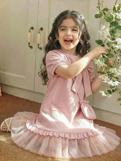 Girls' Elegant Solid Color Spring/Summer Dress, Girls' Solid Color Bow Round Neck Mesh Splice Dress With Fashionable Bag, Gentle Lady Style, Comfortable Multifunctional Daily Outfit, Girls Clothing