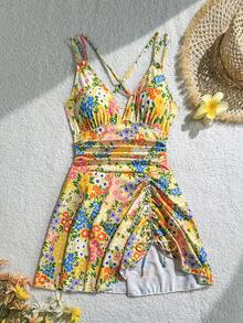 Swim Vcay Women's Summer Beach Floral Print Drawstring Criss-Cross V-Neck Ruffle Skort Swimsuit Cover Up - Multicolor - View 4