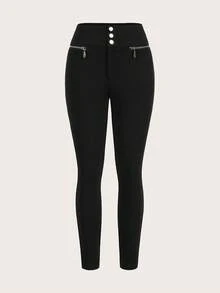 Firerie 女款高腰扣環與拉鍊裝飾彈性緊身褲 - 黑色 - 查看 8