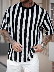 Manfinity Homme 男士大码休闲条纹圆领短袖T恤 - 黑與白 - 查看 1