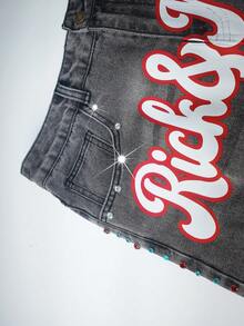 Rick and Morty X SHEIN Men's Casual Letter Print Rhinestone Embellished Denim Shorts, Summer - Grey - View 3