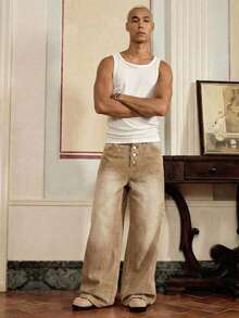 SWAVVY Men's Casual Washed Retro Wide Leg Jeans - Khaki - View 6