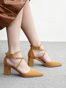 CUCCOO BIZCHIC 女士时尚杏色交叉绑带魔术贴尖头粗跟高跟鞋，适合通勤、约会、派对、节日、婚礼、情人节、春假、复活节、舞会等场合。 - 駝色 - 查看 5