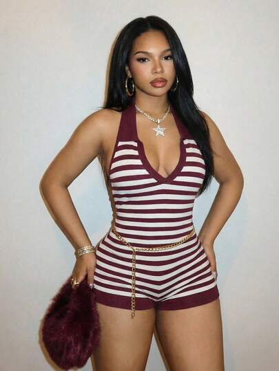 Slaydiva 2026 Spring/Summer New Casual Street Style Slim Fit Red And White Striped Deep V-Neck Sleeveless Women Jumpsuit, Suitable For Everyday Outings, Shopping, Party, Carnivals, Music Festivals, Back To School, Airport Outfits, Brunch Outfits, Nightclubs, Clubs, Travel-B