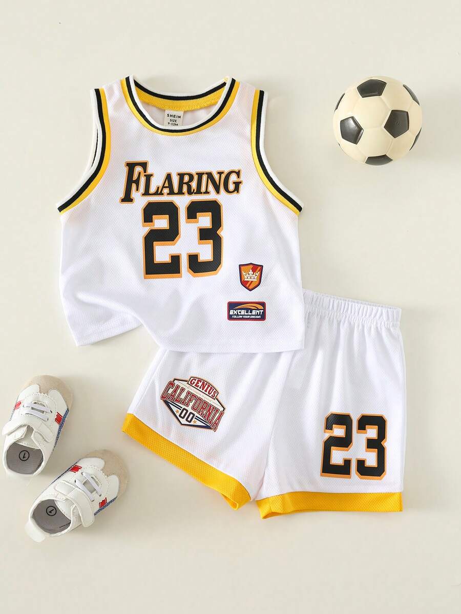 SHEIN Bộ đồ thể thao mùa hè cho bé trai gồm áo tank top dệt kim in chữ dễ thương và quần short cạp chun, kiểu dáng đồng phục bóng rổ. - Nhiều màu - Xem 1