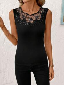 SHEIN Clasi 女士黑色罗纹长袖镶钻修身优雅休闲上衣 - 黑色 - 查看 5