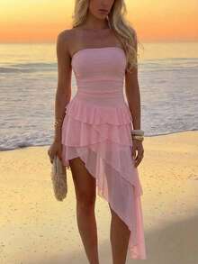 Aloruh Ruffled Hem Asymmetrical Hem Romantic Elegant Pink Valentine's Day Dress - Pink - View 1