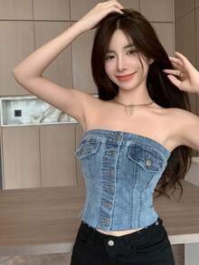 DAZY 纯色纽扣前开襟露脐牛仔抹胸上衣，适合节日穿着 - 中等水洗藍 - 查看 5