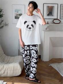 2pcs/Set Teenage Boys' Casual Cartoon Print Loose Fit Long Pants And Short Sleeve Loungewear Set - White - View 5