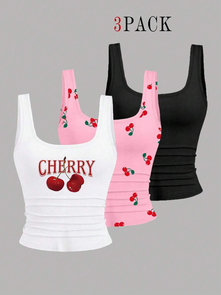 EMERY ROSE 3pcs Plus Size Women's Casual Solid Color & Full Printed Pattern Sleeveless Tank Top Set, Summer - Multicolor - View 1