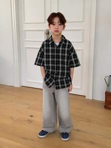 Dazy Kids 男童格子短袖单排扣休闲宽松衬衫 - 黑色 - 查看 5