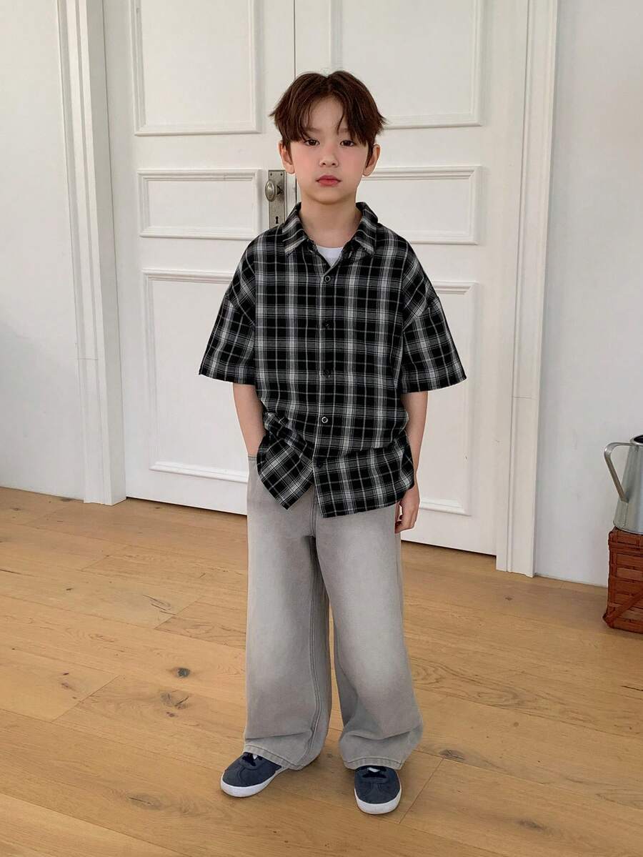 Dazy Kids Tween Boy Plaid Short Sleeve Single-Breasted Casual Loose Shirt - Black - View 1