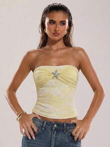 SHEIN BAE 女士蕾丝拼接海星装饰抹胸上衣，适合海滩度假、休闲外出和朋友聚会，春夏款 - 黃色 - 查看 6