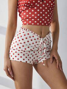 HautHeat Women's Polka Dot Print Drawstring Pajama Shorts - Red - View 7
