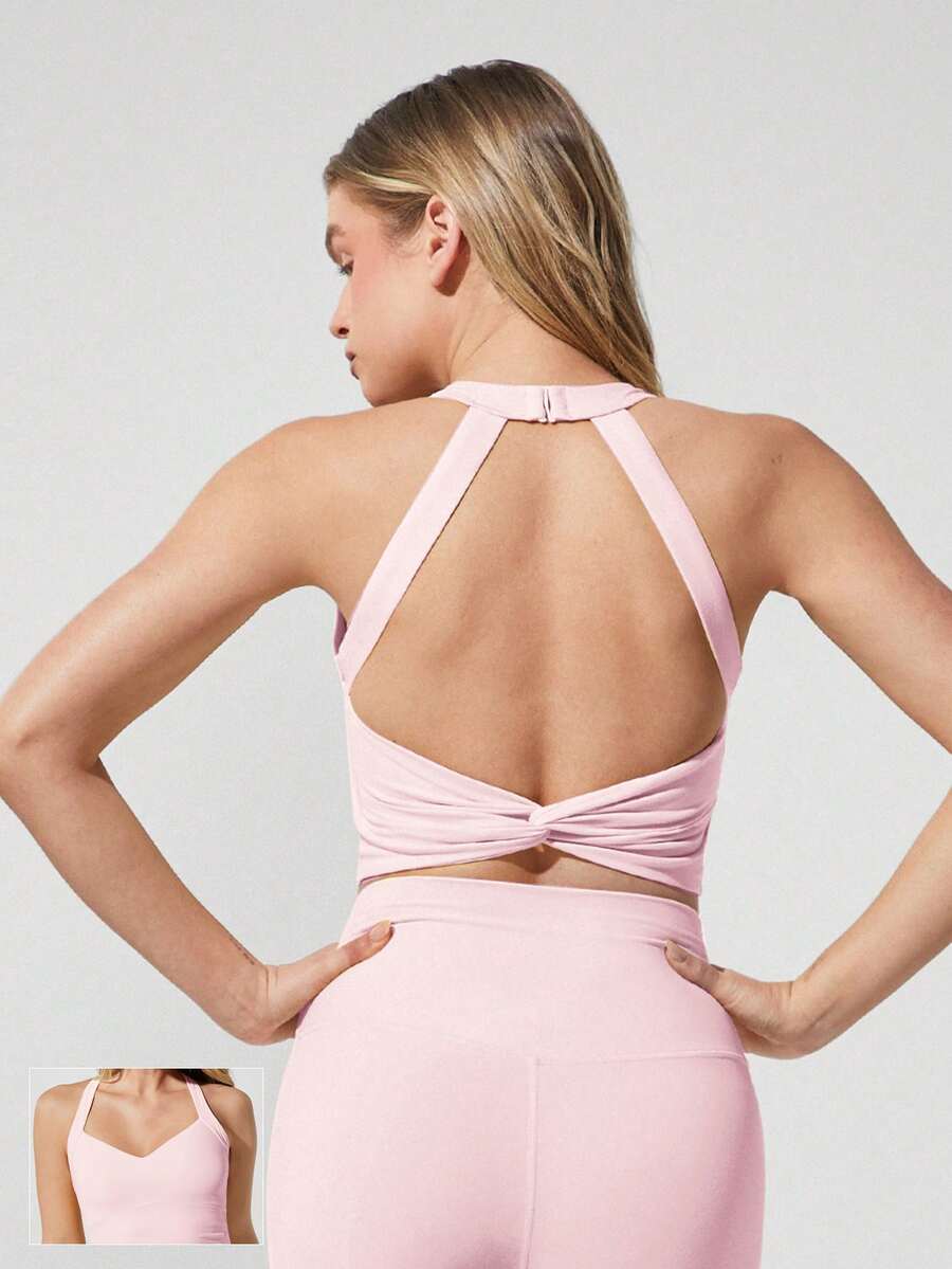 GLOWMODE FeatherFit™ See You Around Halter Backless Sports Bra Light Support Low Impact Yoga Pilates - Pink - View 1