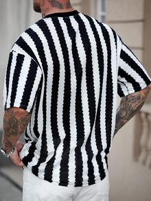 Manfinity Homme 男士大码休闲条纹圆领短袖T恤 - 黑與白 - 查看 2