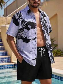 Manfinity Swimmode Men's Vacation Casual Plant Print Shirt And Shorts Beach Outfit - Baby Blue - View 2