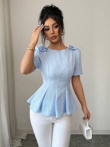 Elenzga Women's Elegant Light Blue Floral Textured Blouse,Summer Petal Sleeve Fitted Top For Tea Party,Dates,Commuting, Vacations,Weddings & Outings - Baby Blue - View 6
