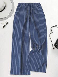 SHEIN LUNE 大码女式休闲弹力腰裤，常规版型，秋冬夏季女裤，休闲工作裤，蓝色细条纹裤，女士条纹阔腿裤，高腰裤 - 彩色 - 查看 1
