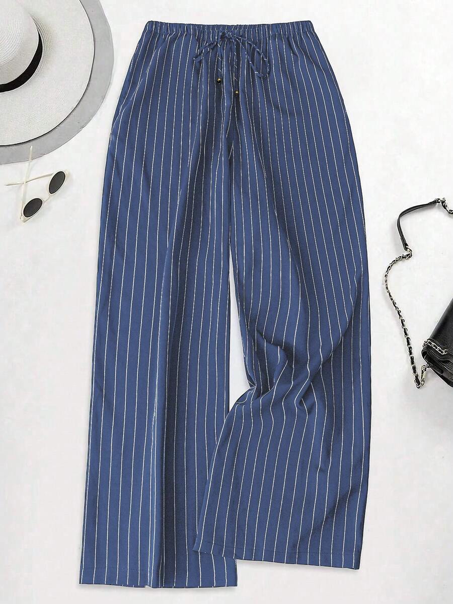 SHEIN LUNE 大码女式休闲弹力腰裤，常规版型，秋冬夏季女裤，休闲工作裤，蓝色细条纹裤，女士条纹阔腿裤，高腰裤 - 彩色 - 查看 1