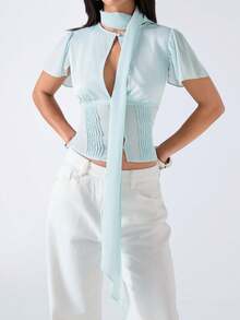 LYSMO Women's Light Blue Summer Elegant Party Blouse,Solid Round Neck Pleated Cut Out Modern Fashionable Minimalism Versatile Daily Wear Tops - Baby Blue - View 7