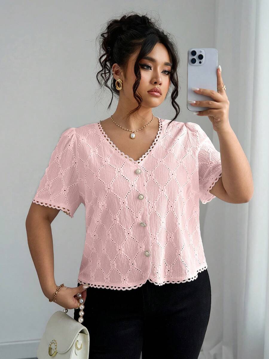 Elenzga 女士优雅波西米亚风V领休闲短袖杏色衬衫，夏季必备 - 淺粉色 - 查看 1