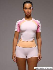 Musera Sport Contrast Panelled Graphic Active T-Shirt Only Sport Workout Gym Pilates Fitness Daily Girly Casual Hot Sweat Summer - Pink - View 1