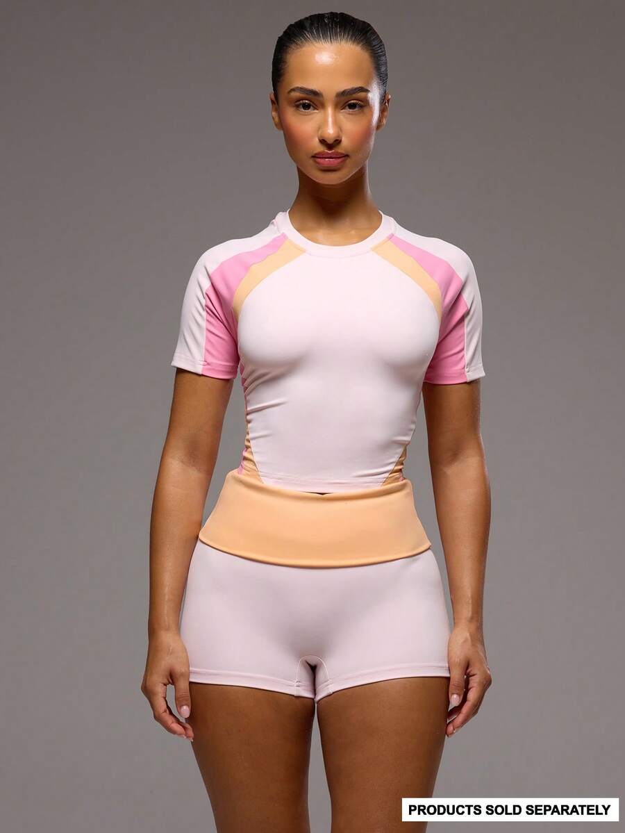 Musera Sport Contrast Panelled Graphic Active T-Shirt Only Sport Workout Gym Pilates Fitness Daily Girly Casual Hot Sweat Summer - Pink - View 1
