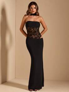 SHEIN BAE Black Strapless, Neck Hanging, Waist Transparent Lace Patchwork, Mesh Fishtail Skirt, Elegant Temperament Dress,Party Dress,Graduation Dress,Wedding Party Dress,Black Dress - Black - View 1