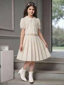 SHEIN 少女白色蕾丝拼接泡泡袖纽扣前领短款休闲衬衫 - 白色 - 查看 6