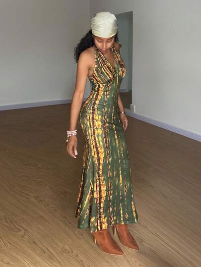 StreetHx Women's Tie-Dye Print Fitted Fishtail Hem Halter Neck Dress,Vacation Outfits Women ,Afro Boho Outfits