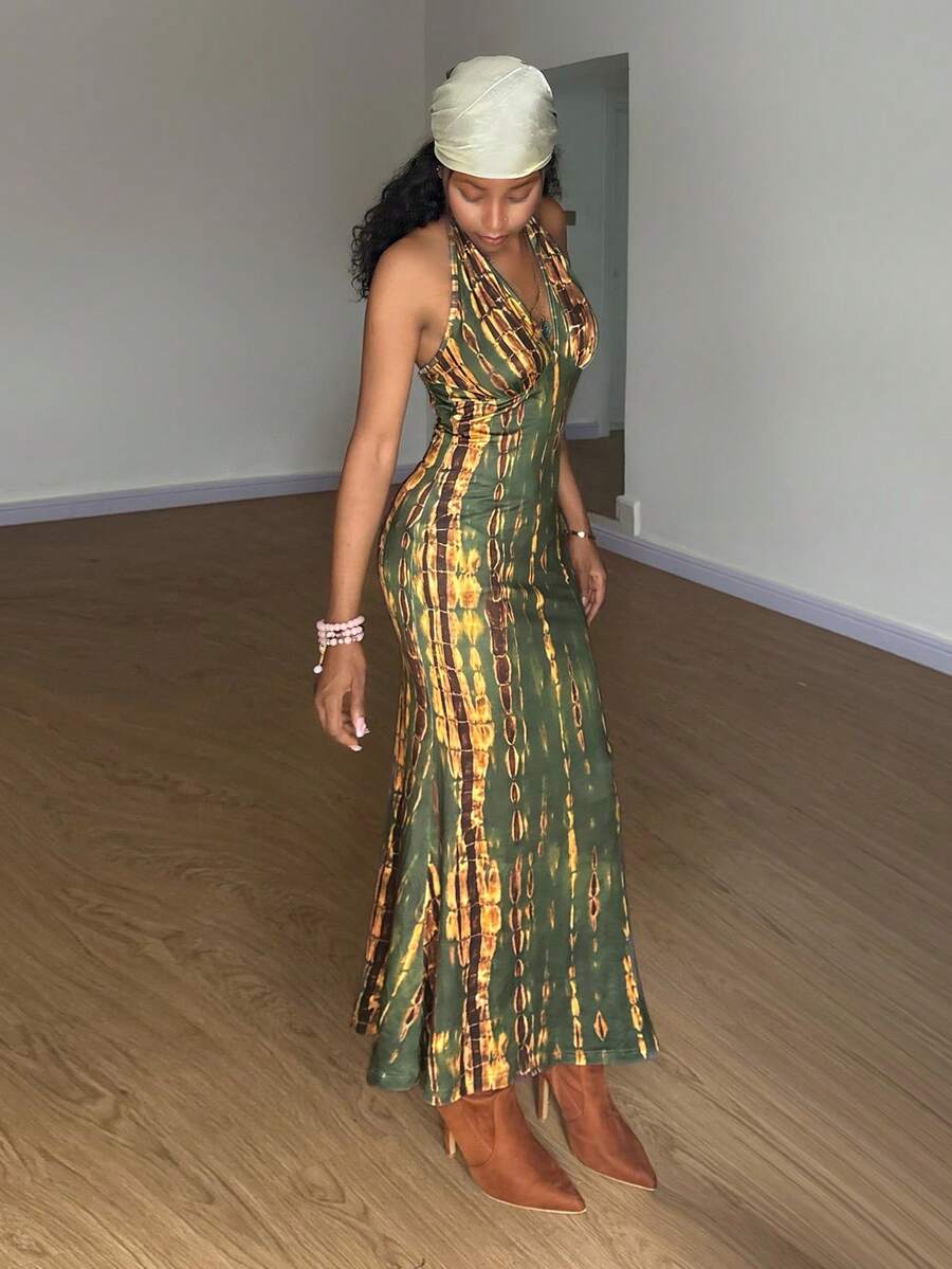 StreetHx Women's Tie-Dye Print Fitted Fishtail Hem Halter Neck Dress,Vacation Outfits Women ,Afro Boho Outfits - Olive Green - View 1