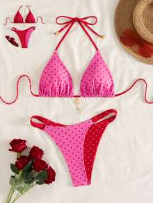 Swim Mod Bộ bikini nữ mùa hè mới, thời trang đi nghỉ mát bên bờ biển, ngọt ngào, dễ thương, họa tiết chấm bi tương phản, hai mặt, kiểu buộc dây cổ sau lưng, gợi cảm. - Nhiều màu - Xem 4