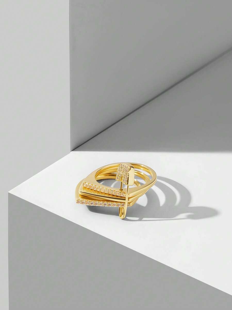 MOTF PREMIUM Nhẫn đính đá trắng đơn giản, mạ vàng 18k, hình kẹp giấy đôi. - Vàng - Xem 1