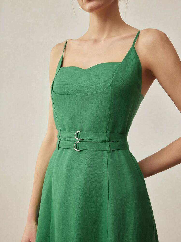 LINEN MINIMALIST ELEGANT DOUBLE WAISTBAND FLARED MIDI DRESS, SPRING/SUMMER