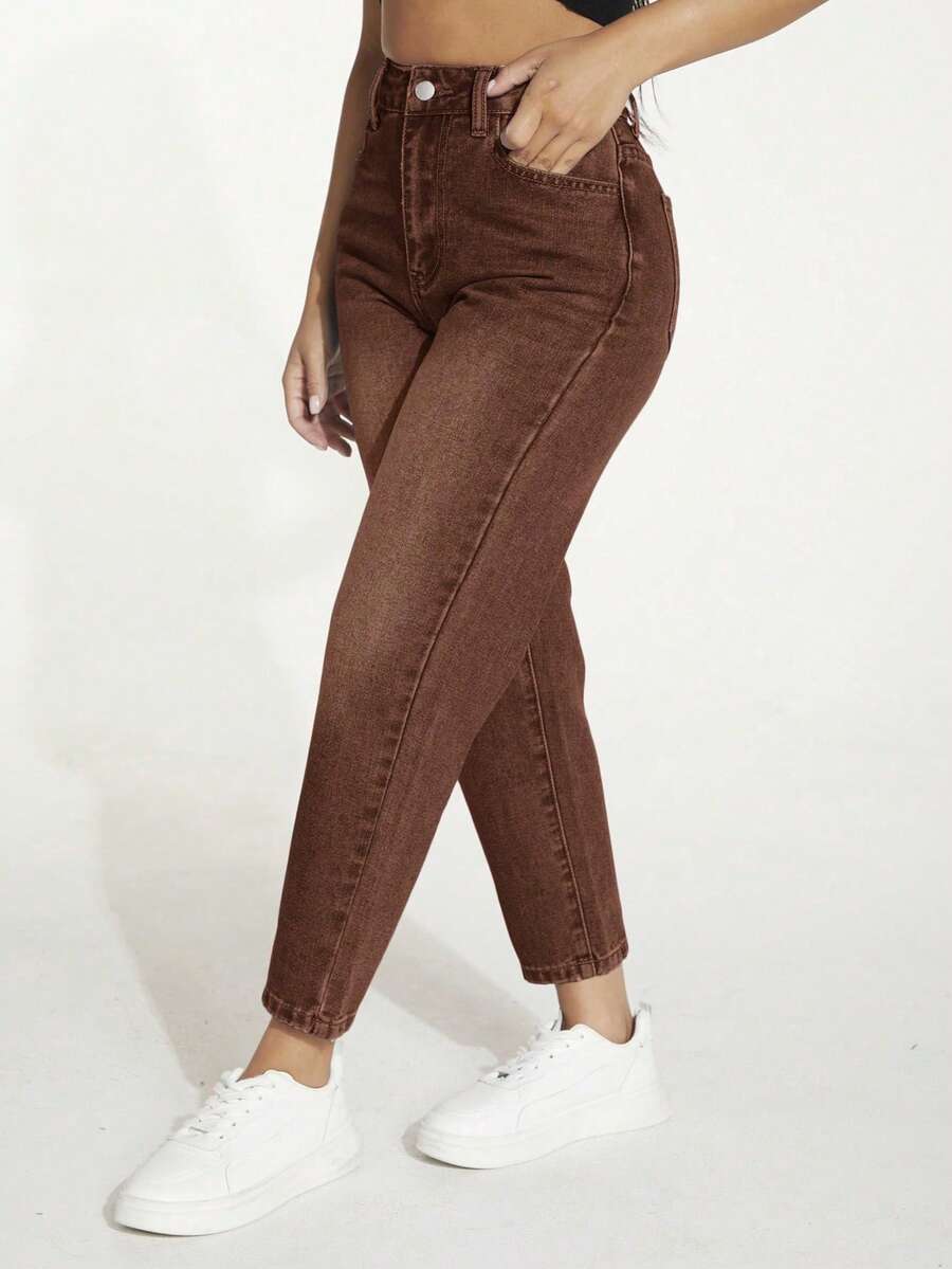 SHEIN PETITE 纯色口袋休闲百搭修身牛仔裤 - 咖啡棕 - 查看 1