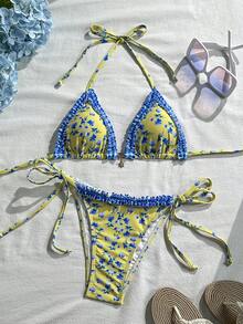 Swim Mod Bộ bikini hai mảnh hở lưng họa tiết hoa kẻ caro Pháp mới dành cho nữ, thích hợp mặc mùa xuân/hè, kiểu dáng dễ thương. - Nhiều màu - Xem 8