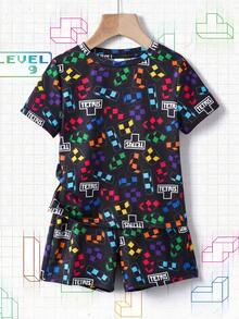 Tetris™ X SHEIN Young Boy Letter & Geometric Print Round Neck Short Sleeve T-Shirt And Shorts Casual Daily Outfit - Black - View 1