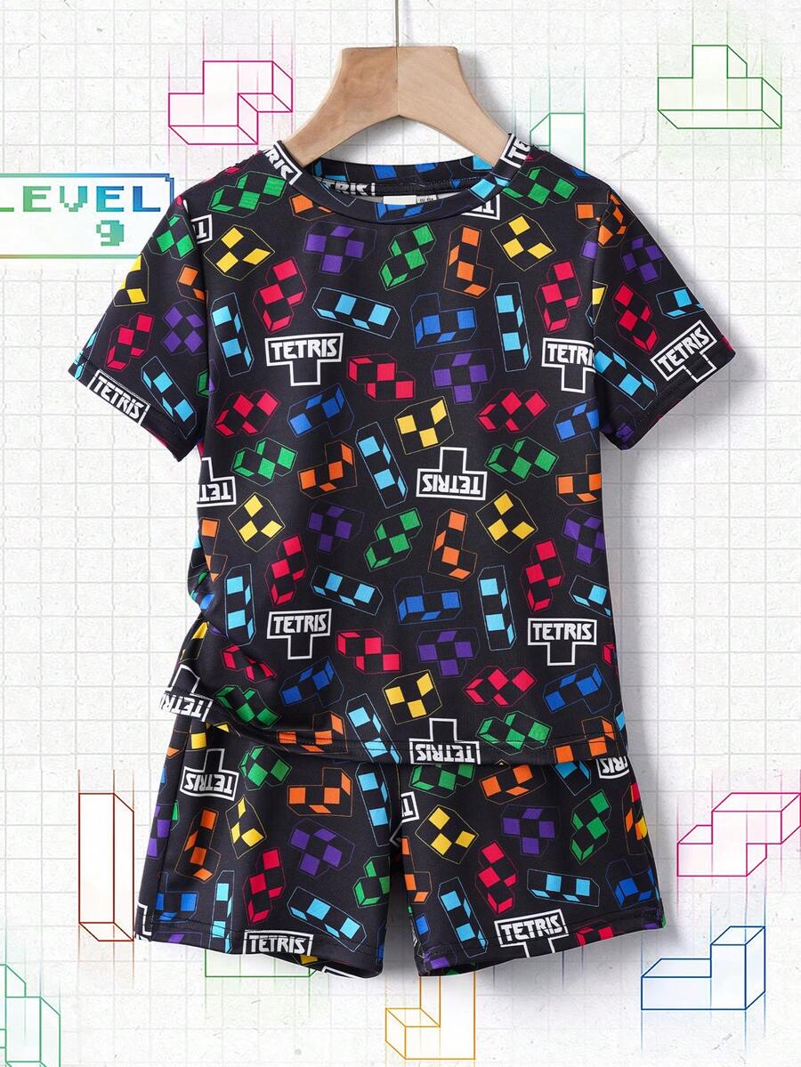 Tetris™ X SHEIN Young Boy Letter & Geometric Print Round Neck Short Sleeve T-Shirt And Shorts Casual Daily Outfit - Black - View 1