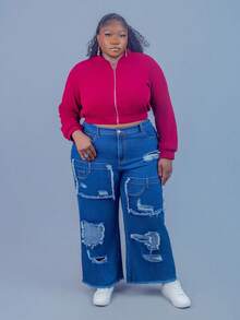 CurvyTilda Plus 1pc Valentine's Day Solid Zip Up Crop Bomber Jacket Winter Fall Autumn - Burgundy - View 2