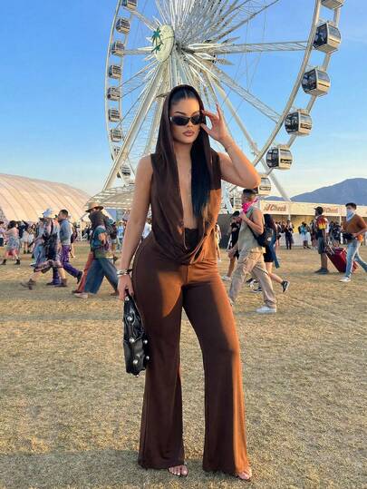 SHEIN SXY Women's Fashion Sexy Minimalist Solid Color Draped Neck Backless Flare Jumpsuit