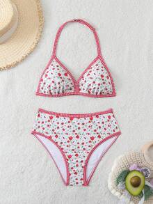 SHEIN Tween Girl Floral Print Halter Bikini And Triangle Panty Swimsuit Set - Multicolor - View 4