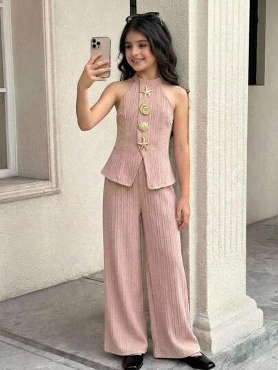 SHEIN 少女休闲优雅都市风海星贝壳金属装饰纯色吊带上衣和裤子套装，杏色和卡其色梭织套装