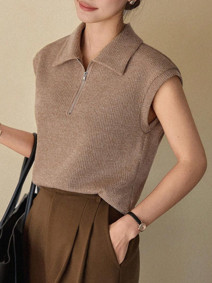 DAZY 女士夏季 Polo 领短袖半开襟休闲套头 T 恤 - 卡其色 - 查看 1
