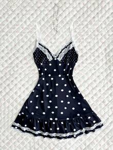 Elamini 女士夏季波点拼接荷叶边下摆A字修身吊带连衣裙 - 黑色 - 查看 4