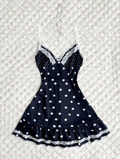 Elamini Women's Summer Polka Dot Patchwork Ruffle Hem A-Line Fitted Camisole Dress