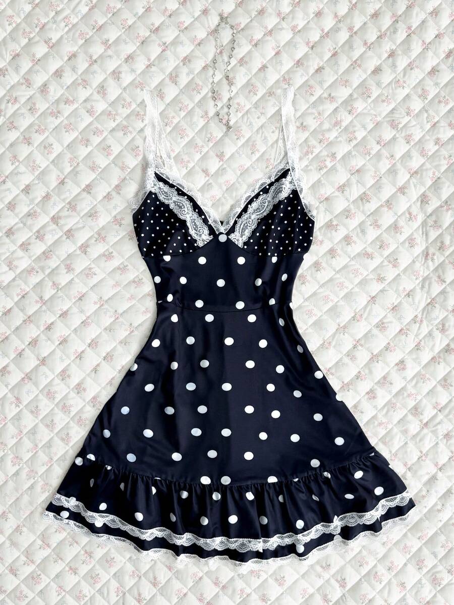 Elamini Women's Summer Polka Dot Patchwork Ruffle Hem A-Line Fitted Camisole Dress - Black - View 1