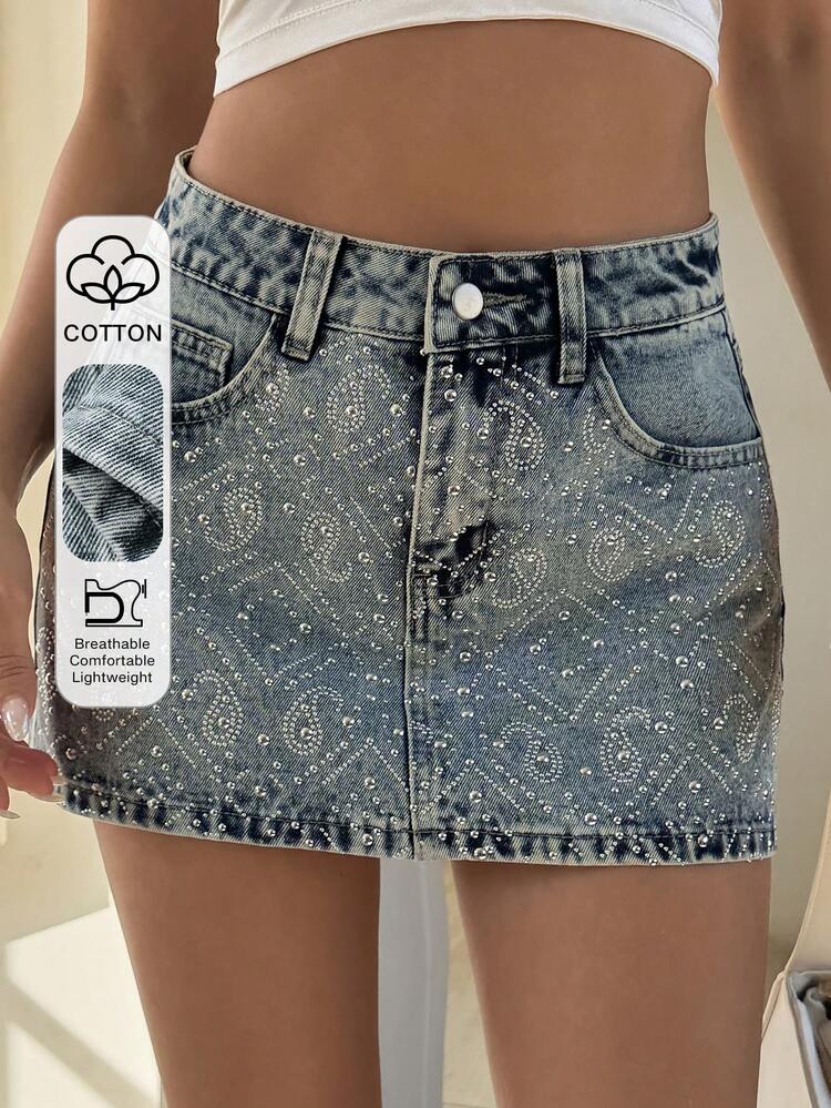 Women's Casual Denim Skirt With Rivet Cashew Flower Pattern, Street Style
