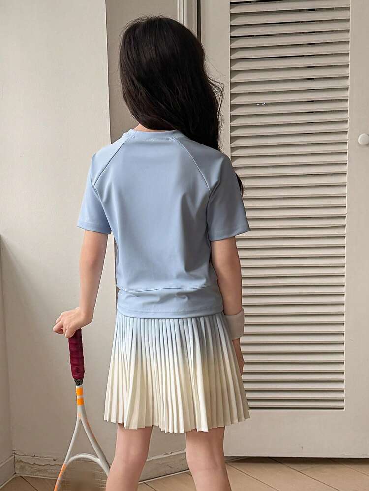 Girls' Summer Round Neck Printed Short Sleeve T-Shirt And Casual Skirt Set, Sportswear